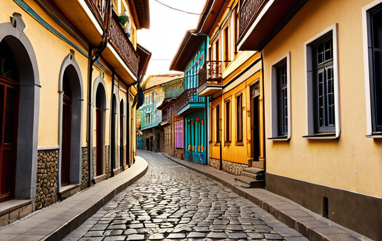 **Prompt 1: Old Town Charm**
"A captivating street scene in Tbilisi's historic Old Town (Kala). Ancient cobblestone alleys winding between colorful, multi-storied houses featuring intricate carved wooden balconies. Sunlight filters through the narrow passages, casting warm glows. The scene should convey a sense of timelessness blending with subtle signs of modern life, vibrant and authentic. Focus on architectural detail and atmospheric light."