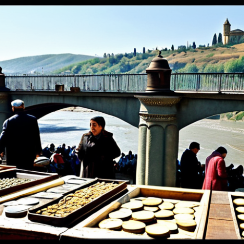 Home 7 Tbilisi Flea Market Scene**
"A bustling flea market in Tbilisi, Georgia. Vendors displaying vintage items like old coins, jewelry, and samovars. People browsing the stalls, fully clothed in modest, everyday clothing. Background: The Dry Bridge area with the Kura River in the distance. Safe for work, appropriate content, professional photography, perfect anatomy, natural proportions, family-friendly."
**