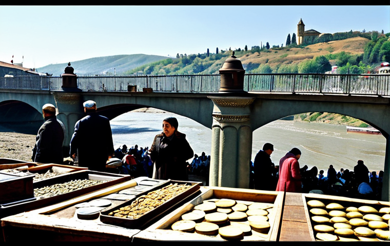 Tbilisi Flea Market Scene**
"A bustling flea market in Tbilisi, Georgia. Vendors displaying vintage items like old coins, jewelry, and samovars. People browsing the stalls, fully clothed in modest, everyday clothing. Background: The Dry Bridge area with the Kura River in the distance. Safe for work, appropriate content, professional photography, perfect anatomy, natural proportions, family-friendly."
**