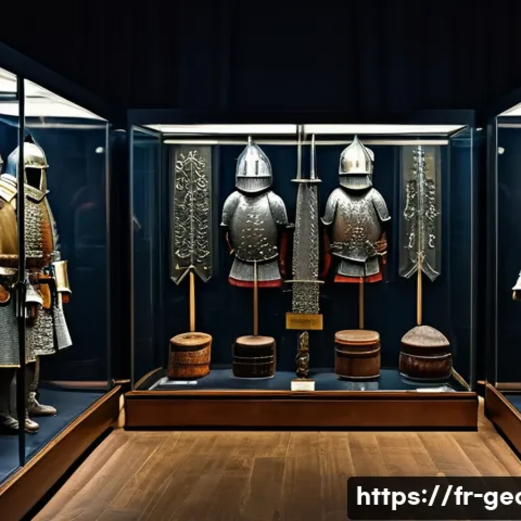 조지아 전쟁 박물관 - A detailed museum exhibit scene showcasing medieval Georgian warriors&rsquo; armor and weapons, including ...