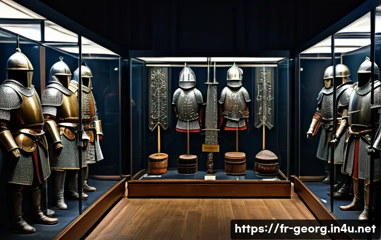 조지아 전쟁 박물관 - A detailed museum exhibit scene showcasing medieval Georgian warriors&rsquo; armor and weapons, including ...