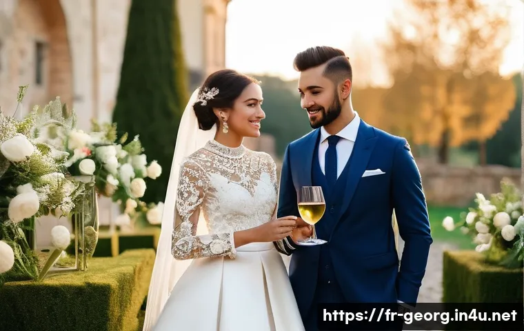 조지아 전통 결혼식의 현대적 변화 - A vibrant contemporary Georgian wedding ceremony held outdoors in a charming renovated ch&acirc;teau garde...