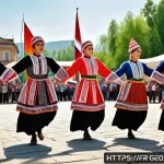조지아의 민속 축제 일정 - A vibrant scene of Georgian traditional dancers performing at the Tbilisi Festival in late spring. M...