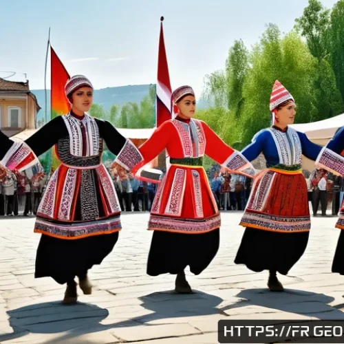 조지아의 민속 축제 일정 - A vibrant scene of Georgian traditional dancers performing at the Tbilisi Festival in late spring. M...