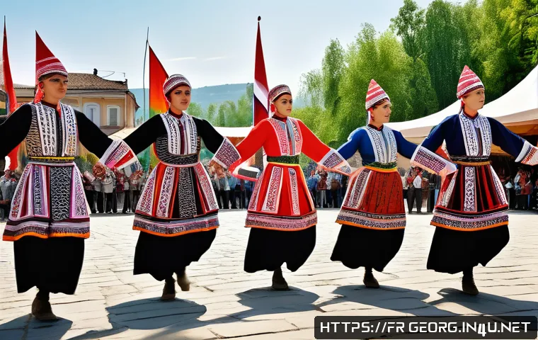 조지아의 민속 축제 일정 - A vibrant scene of Georgian traditional dancers performing at the Tbilisi Festival in late spring. M...
