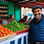 조지아어 기본 문장 - A warm and inviting scene at a traditional Georgian marketplace in Tbilisi, featuring a friendly loc...
