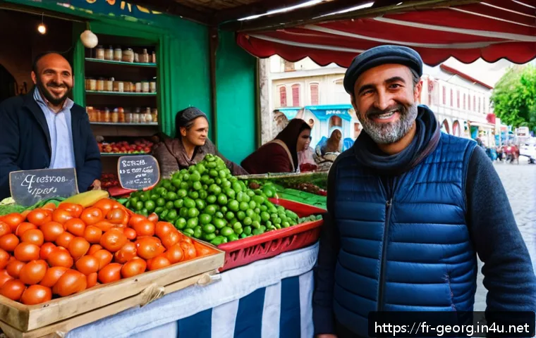 조지아어 기본 문장 - A warm and inviting scene at a traditional Georgian marketplace in Tbilisi, featuring a friendly loc...