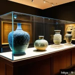 조지아 국립박물관 탐방 - A detailed museum gallery scene showcasing ancient Georgian artifacts including intricately carved s...