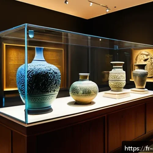 조지아 국립박물관 탐방 - A detailed museum gallery scene showcasing ancient Georgian artifacts including intricately carved s...