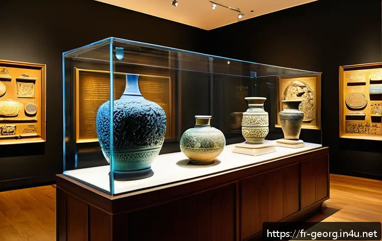 조지아 국립박물관 탐방 - A detailed museum gallery scene showcasing ancient Georgian artifacts including intricately carved s...