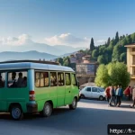 조지아 여행 주의사항 - A bustling Georgian street scene showcasing local transportation: a crowded marshrutka minibus fille...