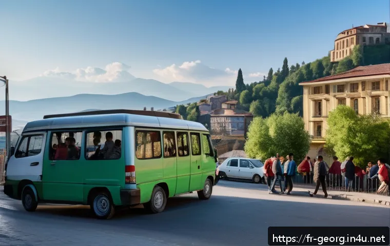 조지아 여행 주의사항 - A bustling Georgian street scene showcasing local transportation: a crowded marshrutka minibus fille...