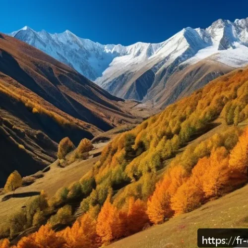 조지아의 사계절 여행 - A breathtaking autumn landscape of the Caucasus Mountains in Georgia, featuring golden and fiery red...