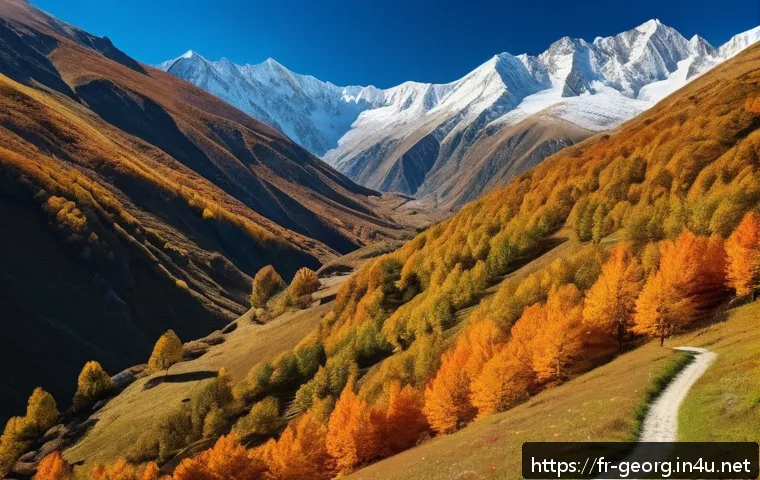 조지아의 사계절 여행 - A breathtaking autumn landscape of the Caucasus Mountains in Georgia, featuring golden and fiery red...