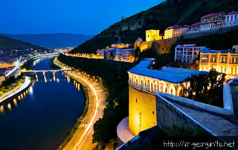 조지아 여행의 좋은 사진 장소 - Photorealistic travel photograph of Tbilisi, Georgia at blue hour, historic Old Town balconies and w...