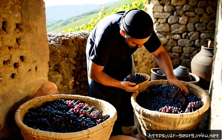 조지아 와인 제조 과정 - Photorealistic traditional Georgian wine production in a sunlit rural cellar, a winemaker in modest ...