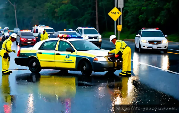 조지아에서 자주 발생하는 사건사고 - Photorealistic roadside scene in Georgia, USA, showing a minor multi-car collision at a rainy suburb...